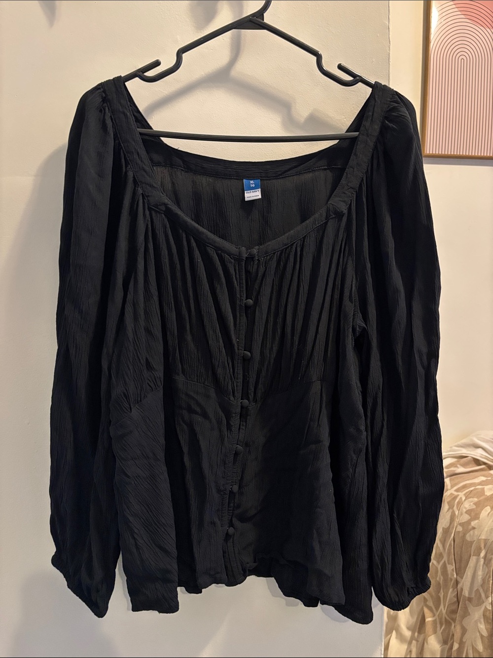 Old Navy Black Button-Front Peasant Blouse